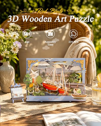 3D Wooden Puzzles for Adults - DIY Model Building Kits Ship Crafts with LED Light - Home Decor, Wall Art & Unique Creative Gifts for Art Lovers (Red Sailboat) - style: Red Sailboat