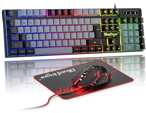 BlueFinger RGB Gaming Keyboard and Backlit Mouse Combo, USB Wired, LED Gaming Set for Laptop PC Computer Game and Work(Black & Gray) - color: Black & Gray