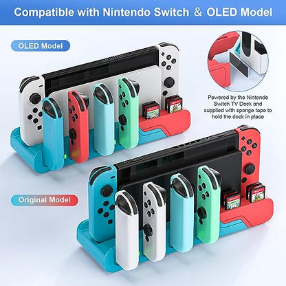 Switch Controller Charging Dock Compatible With Nintendo Switch & Switch OLED Model Joycons, Charging Station For Up To 6pcs Joycon With Game Card Storage (Red+Blue) - color: Red＆Blue