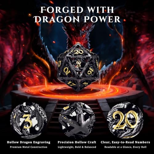 MoKo Dragon Hollow Metal DND Dice Set, Black+Gold | 7 Pcs Polyhedral, D20 D12 D10 D8 D6 D4, For Dungeons and Dragons RPG Games, With Gift Box - color: 4 - Black+gold