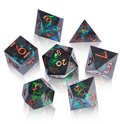 Sharp Edge DND Dice Set Handmade 7 Accessories Dice for Dungeons and Dragons TTRPG Games, Multi-Sided RPG Polyhedral Resin Sharp Edge Dice Roleplaying Games - color: Green Brown New