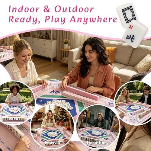 American Mahjong Game Set Complete with 166 Pink Tiles, Noise Reducing Mat, 4 All-in-One Rack/Pushers, Pink Bag & Accessories - Suitable for Adults and Beginners