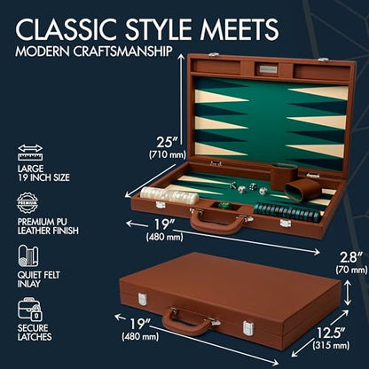 Pointworks 19 Inch Premium Backgammon Sets for Adults Leather Brown - Green. Premium 1.6 Inch Checkers & Dice Set, Travel Backgammon Set, Large, Backgammon Board Game, Backgammon Game Set - color: Brown Case - Green Field