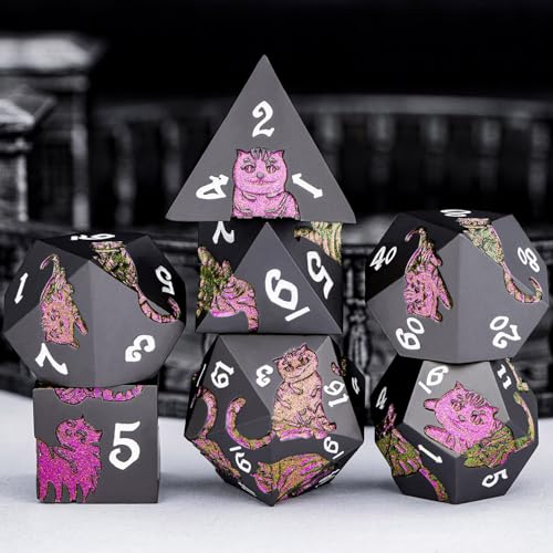 Metal DND Cat Dice 7PCS Polyhedral RPG Dice Set with Gift Case for Dungeons Dragons Role Playing Game, D and D Dice D6 D8 D10 D12 D20 D% (Purplish Red) ﻿ - color: Cat-purple Red&black