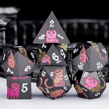 Metal DND Cat Dice 7PCS Polyhedral RPG Dice Set with Gift Case for Dungeons Dragons Role Playing Game, D and D Dice D6 D8 D10 D12 D20 D% (Purplish Red) ﻿ - color: Cat-purple Red&black