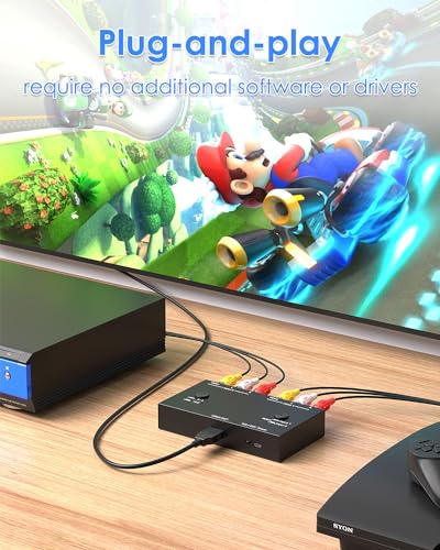 2 Port RCA to HDMI Converter, Dual AV to HDMI Converter Supports 16:9/4:3 Composite to HD MI Adapter Support 1080P PAL/NTSC Compatible with Sega/Xbox/PS1/PS2/PS3/WII/N64/VHS, VCRs, and DVD Players - size: 2 Port RCA to HDMI Converter