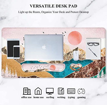LATEEFAH Large Mouse Pad and Keyboard Wrist Rest, Desk Pad for Keyboard and Mouse, Extended Gaming Mouse Pad with Wrist Support, Waterproof Non-Slip Desk Mouse Mat for Office, Home - color: 4pcs-Art Mountains