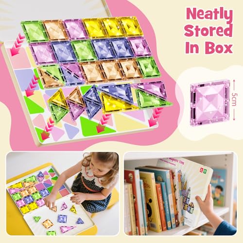 Clear Crystal Glitter Magnetic Tiles: Diamond Building Blocks for Kids | 60PCS Metal Storage Box, Compatible With Most Tile Sets, Strong Magnets, Ages 4-8, 60+ Mins Play Travel & Home Fun - style: Medium Magnetic Tiles - 60PCS