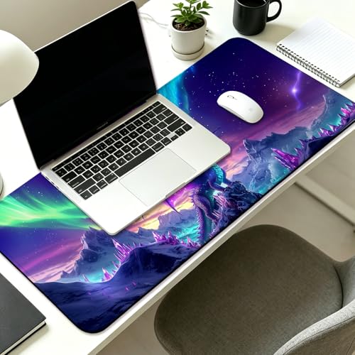 Fantasy Aurora Scenery and Dragon Gaming Desk Mat, Computer Keyboard Large Extended Long Mouse Pad for Office and Home, XL (W06) - color: W06