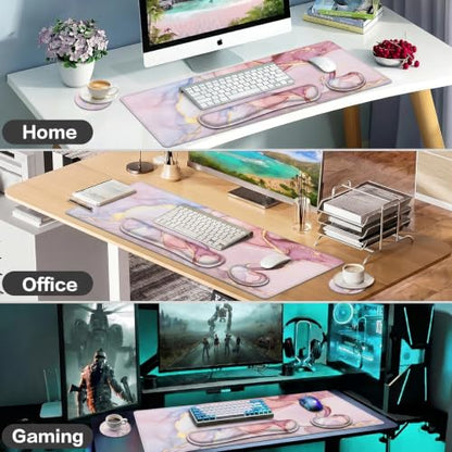 Large Mouse Pad with Wrist Rest, 4-in-1 Wrist Rest for Keyboard and Mouse | Non-Slip Waterproof Desk Mat Set, 35.4"x15.7" Desk Mat+Keyboard Wrist Rest+Mouse Wrist Support+Cup Coaster for Home Office - color: 4Pcs-Pink Marble