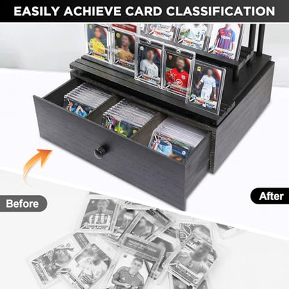 Wooden 4-Tier Trading Card Display Case, Sports Card Display stand with Custom Drawer, Card Supporters & Dividers For Graded Card Display Collection Storage