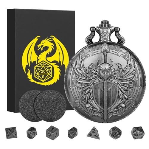 Mini DND Dice Set with Steampunk Paladin Pocket Watch Shell Case, DND Starter Set, 7pcs Polyhedral Mini Metal Dice Set, D&D Gifts with Gift Box, Role Playing Board Game Accessories, Silver - color: Dark Silver + Gift Box