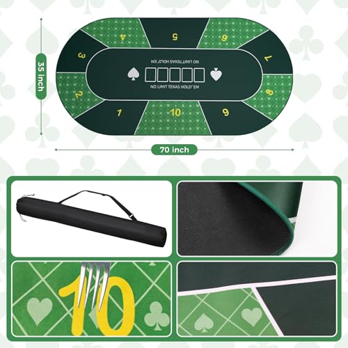 Oval Poker Table Top 70 x35 inch Texas Poker Mat for Home Game Nights | Casino Home Card Game Night UP to 10 Player Smooth Surface Non Slip Poker Table Mat Carry Case (Oval-Green) - color: Oval-green