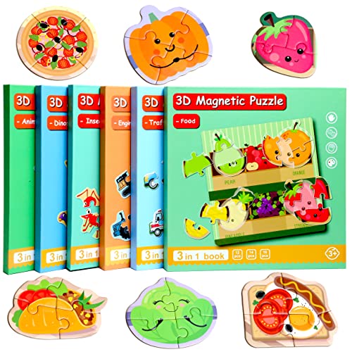 Magnetic Puzzles for Kids Ages 3-5, Travel Toddler Food Puzzle Toy | Refrigerator Magnet Game for Ages 4-6, Learning & Birthday Gift for Boys, Car Airplane Road Trip Quiet-Time Activity Toys - style: Food