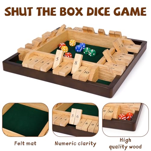Kvintes 12 Inch Shut The Box Dice Game – Wooden Tabletop Board Game with Felt Mat, 10 Number Tiles & 8 Dice, Classic Bar Game, Family Game Night, Travel Game for Adults