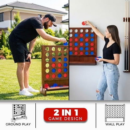 Giant Wooden 4 in A Row Game with Folding Catch Tray, Wall-Mountable or Ground Play, Indoor Outdoor & Backyard Game, Includes Carry Case and Detachable Legs - style: Classic Brown (33" Height)