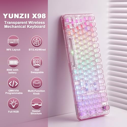 YUNZII X98 Wireless Mechanical Keyboard with Knob (Pink, Crystal Switch) | BT5.0/USB-C/2.4GHz,1800 Layout with Number Pad,Pre-lubed Switches Gasket Mount ,Clear Keyboard with RGB for Wins/Mac/Gaming - color: Pink, size: Crystal Switch
