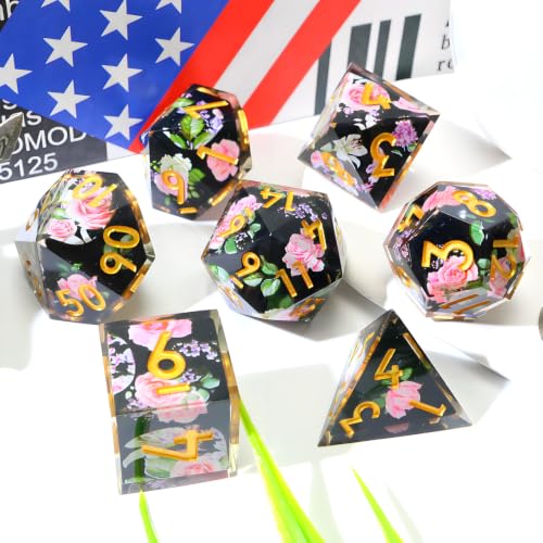 XENOLUX DND Dice Set - Sharp Edge Resin Polyhedral RPG Dice for Dungeons and Dragons Board Games, Elegant Floral Rose Design with Tin Box (L4) - color: L4