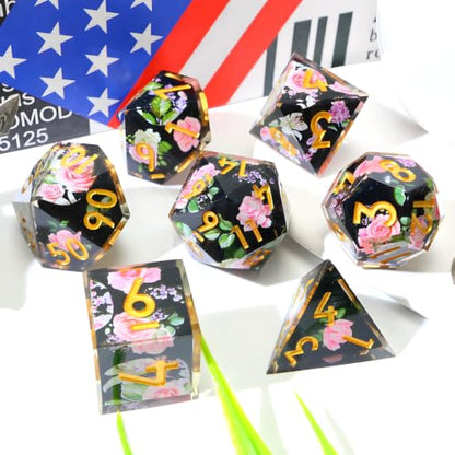 XENOLUX DND Dice Set - Sharp Edge Resin Polyhedral RPG Dice for Dungeons and Dragons Board Games, Elegant Floral Rose Design with Tin Box (L4) - color: L4