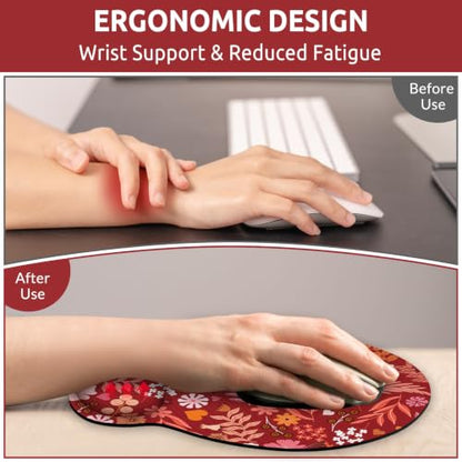 KONVINIT Ergonomic Mouse Pad with Wrist Rest, Small Mousepad with Non-Slip Rubber Base and Smooth Surface, Red Mouse Pads for Desk, Office Desk Accessories - color: Red Flowers