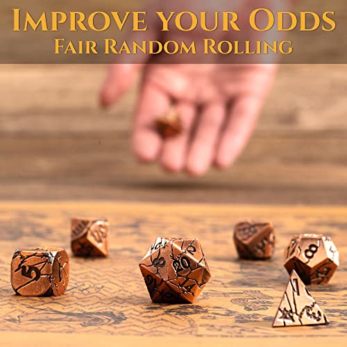 Metal Dice for DND - Ancient Cracked Pharaoh Ruins – Copper | Beautiful 7pc Polyhedral Dice Set, Smooth Rolling, Role Playing Games (RPG), Compatible with D&D, for Dungeons and Dragons - color: Antique Copper