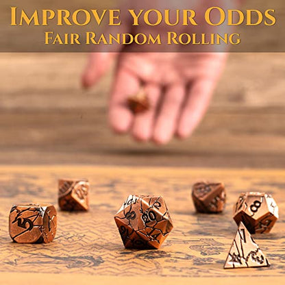Metal Dice for DND - Ancient Cracked Pharaoh Ruins – Copper | Beautiful 7pc Polyhedral Dice Set, Smooth Rolling, Role Playing Games (RPG), Compatible with D&D, for Dungeons and Dragons - color: Antique Copper