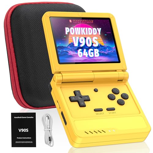 Powkiddy V90S Retro Handheld Console - 10,000+ Preloaded Games, Foldable Clamshell Design, 3.5" IPS Screen, 4-6 Hour Battery, Dual TF Slots (Yellow) - style: Yellow