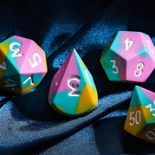 7-Piece Jumbo Silicone DND Dice Set, 25mm Oversized D&D Dice | Round Edges Soft Perfect Bouncer Compatible with Dungeons and Dragons RPG Bar Pub Club Party Games - color: Pink&cyan&yellow