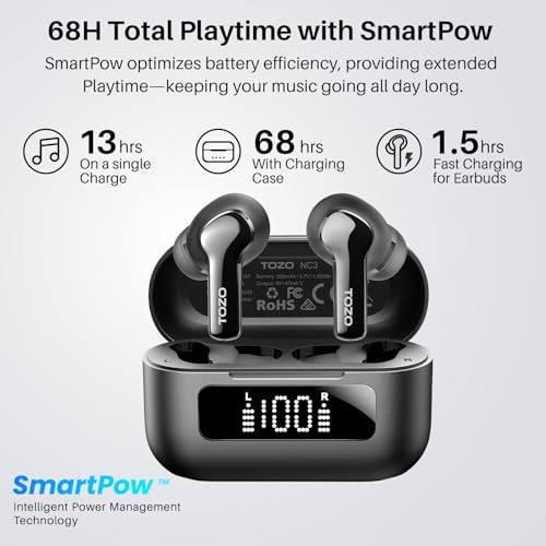 TOZO Hybrid Active Noise Cancelling Wireless Earbuds 6 Mics AI Clear Call | 68H Playtime LED Display 32 Preset EQs App Bluetooth 5.3 IPX8 Waterproof Ear Buds - color: Black