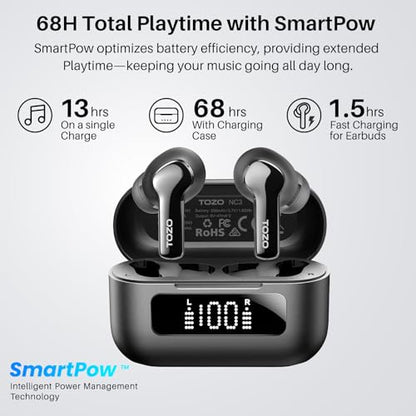 TOZO Hybrid Active Noise Cancelling Wireless Earbuds 6 Mics AI Clear Call | 68H Playtime LED Display 32 Preset EQs App Bluetooth 5.3 IPX8 Waterproof Ear Buds - color: Black