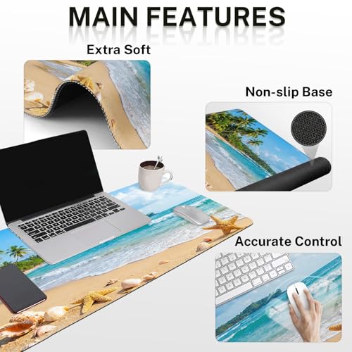 Britimes Beach Tropical Coastal Keyboard Mouse Pad Set Ocean Seashell 4in1 Large Mousepad+Keyboard Wrist Rest+Mouse Wrist Rest+Coaster Ergonomic Design for Home Office Computer 35.4x15.7 inches - color: Beach Tropical Coastal