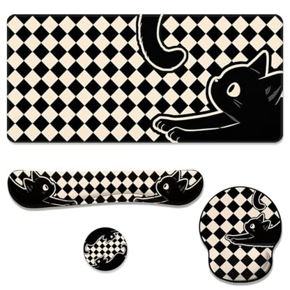 Black Cat Desk Mat Set Minimal Checkerboard Large Mouse Pad with Wrist Rest 4-in-1 Desk Mat for Desktop Ergonomic Computer Desk Arm Wrist Anti-Slip Computer Ergonomic Mouse Pad Home Office Gaming - color: Minimal Black Cat, size: 34.5" x 15.7"