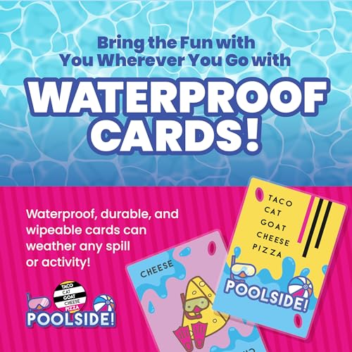 Taco Cat Goat Cheese Pizza Poolside Waterproof Card Game by Taco Cat Games | Wipeable plastic cards survive splashes & sand, free clip included, great for travel, 10-min rounds, Ages 7+, 2-8 Players