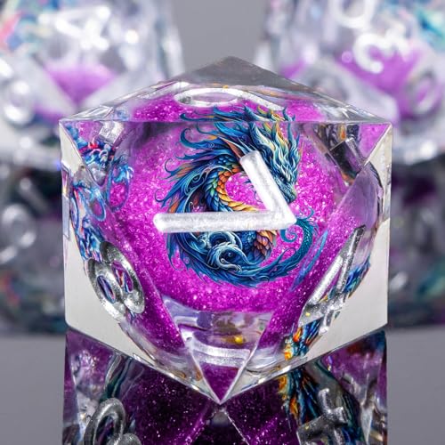 Roycevon Dragon Pattern Liquid Core DND Dice Set, 7Pcs Sharp Edge D&D Dice with Gift Box, Resin Purple Dungeons Dragons D and D Role Playing Dice D20 D12 D10 D8 D6 D4 - color: Purple