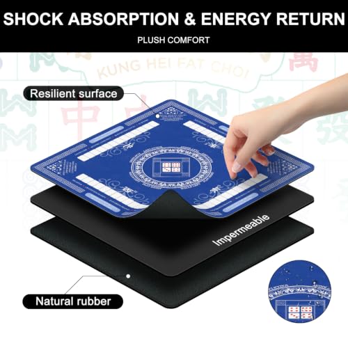 Mahjong Mat for Table with Rules, 31.5" x 31.5" Noise Reduction Non Slip Waterproof Mah Jong Table Mat with Carrying Bag, Suitable for Mahjong, Poker, Board Games, Dominoes, and Card Games - color: Blue White