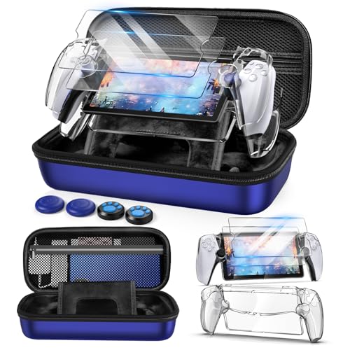 Auarte 12 in 1 Accessories Set for PlayStation Portal Remote Player | Hard Carrying Case for PS Portal with Clear Skin Case for PS5 Portal, 2 Screen Protector with 4 Thumb Grip - color: Indigo Blue