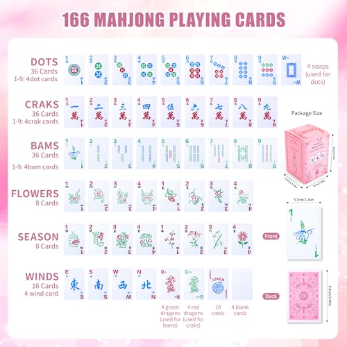 166Pcs Waterproof PVC Mahjong Playing Cards, Non-Slip Mahjong Cards Durable Portable Travel Family Board Game for Elderly Beginners Camping