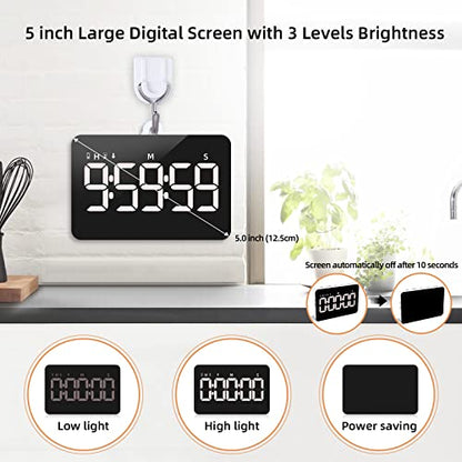 Rechargeable Digital Kitchen Timer for Cooking, Magnetic Timers with Countdown/up, Kids Timer with 5”LED Display 3 Brightness 4 Volume Adjustable for Classroom/Office/Home/Work/Study/Fitness/Game | Countdown/Up, 3 Adjustable Brightness, 4 Adjustable Volum