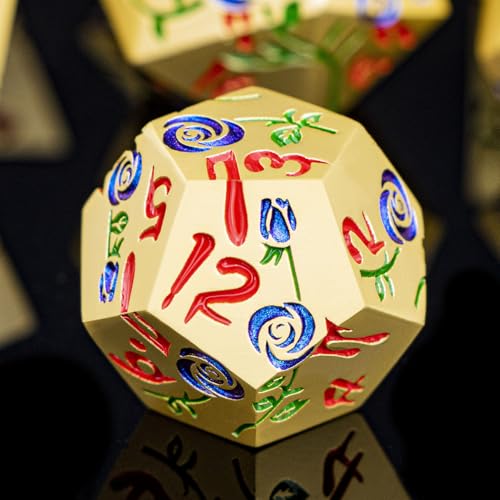 Gothic DND Dice Set Bleeding Rose Metal D and D Dice for use with Dungeons Dragons D&D Role Playing Game, Blue Purple RPG Polyhedral Dice Set D20 D12 D10 D8 D6 D4 - color: Purplish Blue&gold&red Numbers