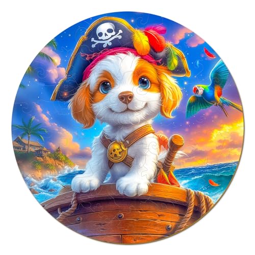Animal Wooden Puzzles for Kids - Pirate Puppy (11.4 * 11.4 in) | 50 Piece Puzzles for Kids Ages 6-8, Kids Puzzles with Unique Animal Shapes, Round Gift for Girls and Boys - color: Pirate Puppy