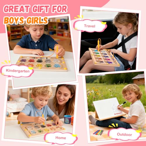 2 IN 1 Magnetic Color and Number Maze, Montessori Toys with Drawing Board for 3 4 5 Year Old, Wooden Magnet Balls Puzzles, Learning Educational Toys for Kids Toddlers Boys Girls Christmas Birthday