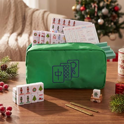 Soulchen Mini American Mahjong Tile Set Include 160 0.8 Inch Mahjong Tiles 2 Dice 4 Wooden Rulers 1 Accessory Bag 4 Beginner Rule Cards (Christmas) - style: Christmas