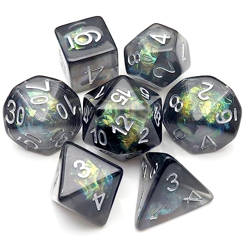 Haxtec DND Dice Set 7PCS Resin Dice Set Black with Bag, Iridescent Mylar Inclusion Polyhedral D&D Dice for Roleplaying Dice Games Compatible with Dungeons and Dragons - color: Black Green Silver