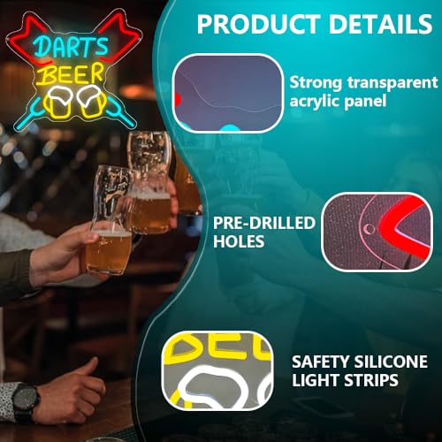 Beer Neon Sign, Darts Beer Led Neon Light Sign for Bar Dart Room Wall Decor Dimmable Dart Light Up Sign for Man Cave Home Bar Pub Club Party Decoration Gift for Men Husband USB Powered（14.2"*13.4"） - style: Beer-1