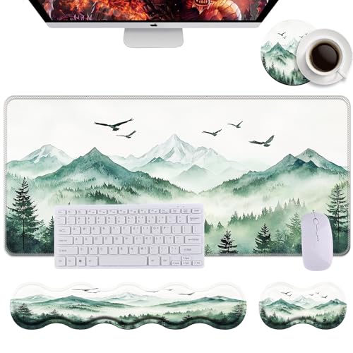 Keyboard Wrist Rest+Mouse Wrist Pad+Desk Pad Set,Memory Foam Ergonomic Easy Typing Pain Relief for Computer Laptop Office Home - Misty Forest - color: Misty Forest
