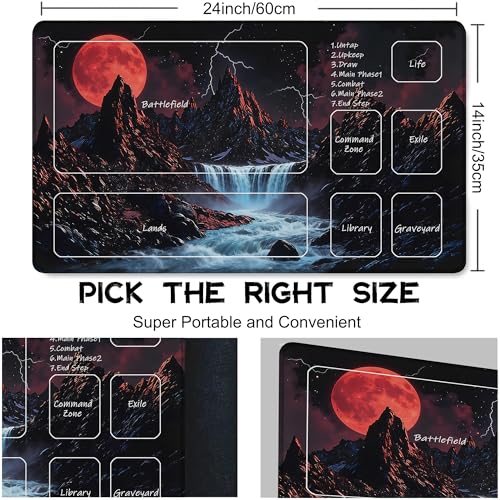 for MTG Playmat 24 x 14 Inches Sunset Mountains Streams Magic Play Mat Card Game Mat for Magic The Gathering TCG PTCG Playmat with Free Storage Bags Non-Slip Backing and Stitched Edge - color: Sunset Mountains Streams With Zones