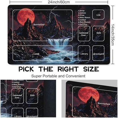 for MTG Playmat 24 x 14 Inches Sunset Mountains Streams Magic Play Mat Card Game Mat for Magic The Gathering TCG PTCG Playmat with Free Storage Bags Non-Slip Backing and Stitched Edge - color: Sunset Mountains Streams With Zones
