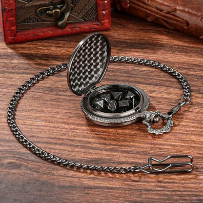 DragonSword D&D Dice Set with Pocket Watch Case, 7PCS Metal Dice Set for DND, Mini Dice with Gifts Case, Role Playing Board Games Accessories Gifts (Black) - color: Black