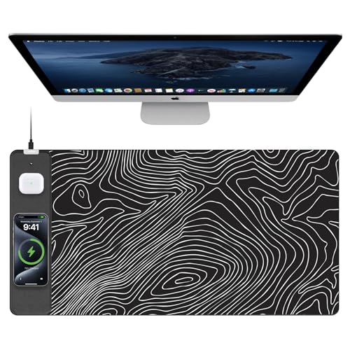 TopMade Mouse Pad with 15W Fast Wireless Charging, 31.5"x15.75" XXL Large Gaming Waterproof Desk Pad with Ultra-Smooth Surface, Non-Slip Base, Computer Desk Mat, Black Topographic Map #1 - color: Black Topographic Map #1