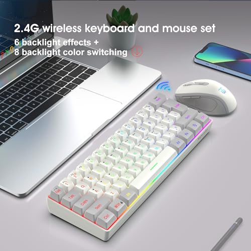 Snpurdiri 2.4G Wireless Gaming Keyboard and Mouse Combo, Include Mini 60% Mechanical Feel RGB Backlit Keyboard, Ergonomic Vertical Feel Small Wireless Mouse(Grey and White) - color: Grey White Combo